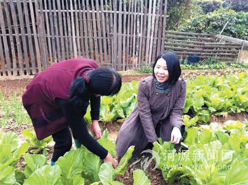 大學(xué)生村官朱扶容在菜地和村民交流